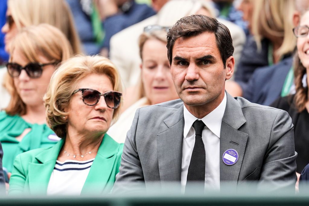 LONDON, ENGLAND - JULY 06: Roger Federer and Lynette Federer look on during the Gentlemen's Singles third round match between Ben Shelton of United States plays against Denis Shapovalov of Canada during day six of The Championships Wimbledon 2024 at All England Lawn Tennis and Croquet Club on July 06, 2024 in London, England. (Photo by Shi Tang/Getty Images)
