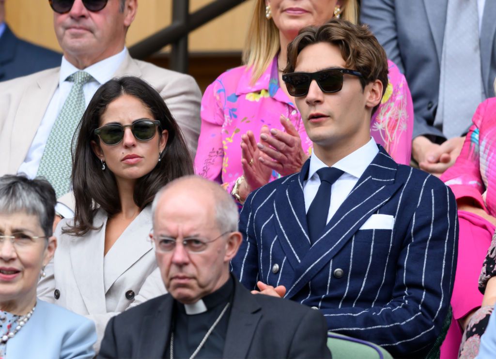 LONDON, ENGLAND - JULY 10: Carmen Montero Mundt and George Russell attend day ten of the Wimbledon Tennis Championships at the All England Lawn Tennis and Croquet Club on July 10, 2024 in London, England. (Photo by Karwai Tang/WireImage)