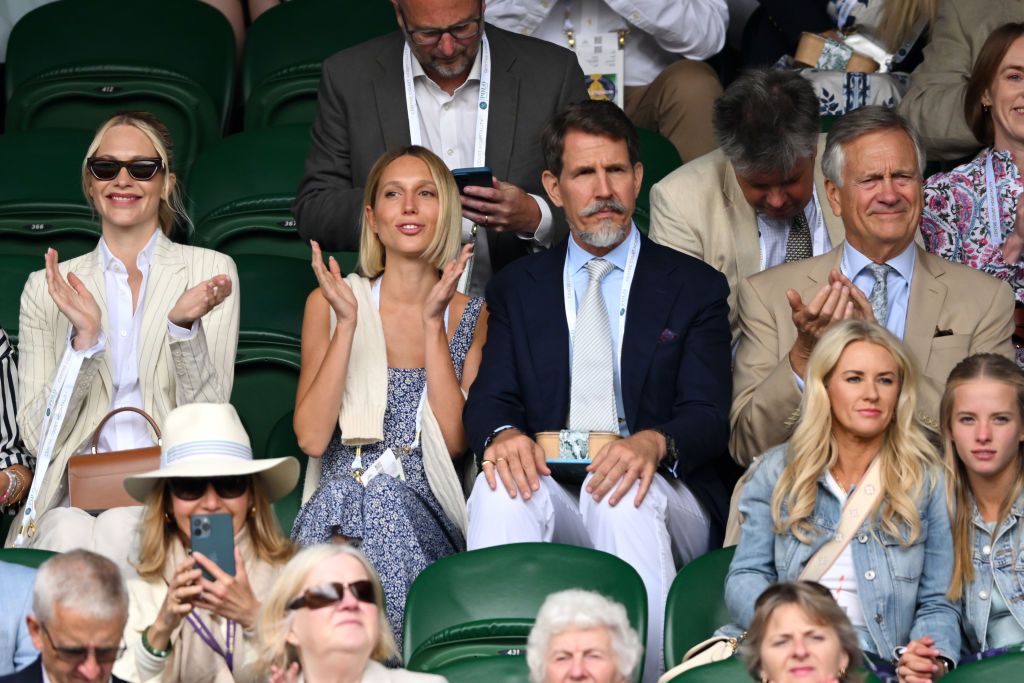 LONDON, ENGLAND - JULY 01: (L-R) Poppy Delevingne, Princess Maria-Olympia of Greece and Denmark, Pavlos, Crown Prince of Greece and Charles Delevingne attend the Wimbledon Tennis Championships at the All England Tennis and Croquet Club on at Wimbledon on July 01, 2024 in London, England wearing Ralph Lauren. (Photo by Karwai Tang/Wireimage)