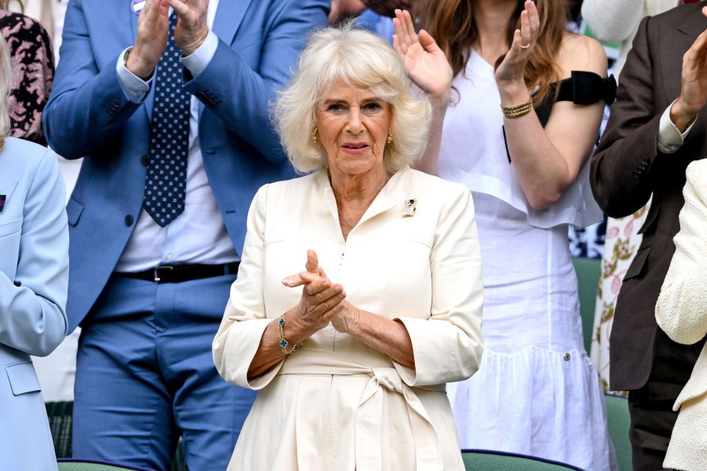 LONDON, ENGLAND - JULY 10: Queen Camilla attends day ten of the Wimbledon Tennis Championships at the All England Lawn Tennis and Croquet Club on July 10, 2024 in London, England. (Photo by Karwai Tang/WireImage)