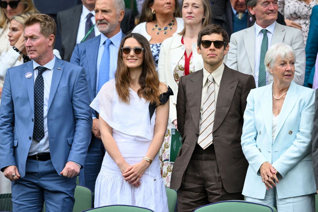 LONDON, ENGLAND - JULY 10: (L-R) Mark Woodforde, Graeme Souness, Keira Knightley, Elizabeth Sharkey, James Righton, Feargal Sharkey and Sheila Ferris attend day ten of the Wimbledon Tennis Championships at the All England Lawn Tennis and Croquet Club on July 10, 2024 in London, England. (Photo by Karwai Tang/WireImage)