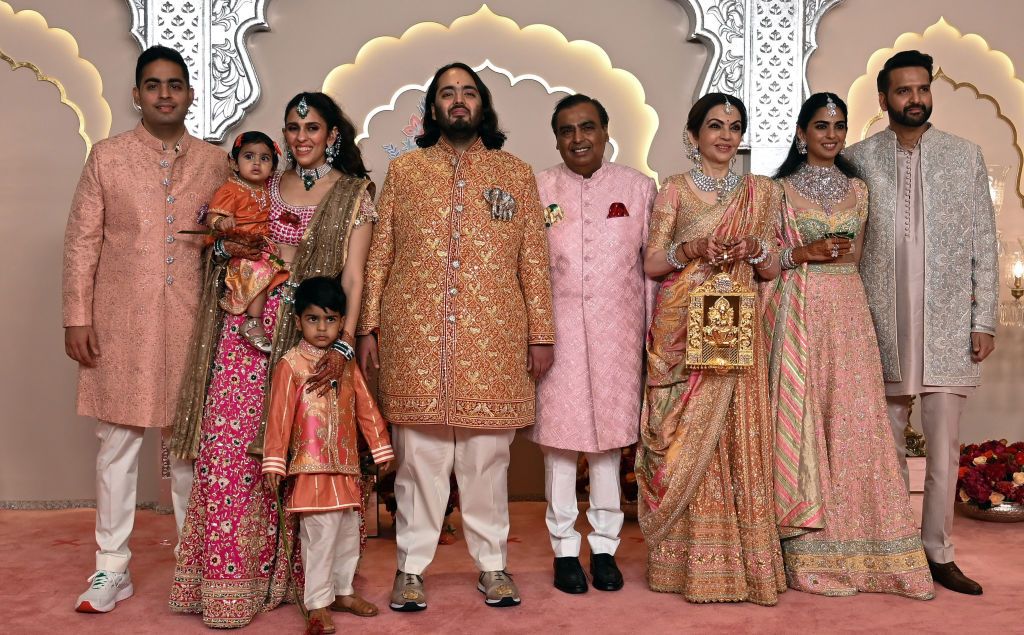 MUMBAI, INDIA - JULY 12: Ambani Family during the Wedding ceremony of Anant Ambani and Radhika Merchant at the Jio World Convention Centre, BKC on July 12, 2024 in Mumbai, India. (Photo by Raju Shinde/Hindustan Times via Getty Images)