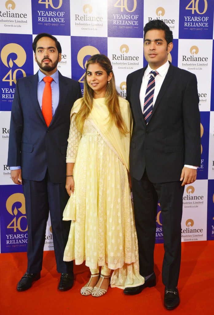 MUMBAI, INDIA JULY 21: Akash Ambani, Anant Ambani and Isha Ambani at the company's 40th Annual General Meeting in Mumbai.(Photo by Milind Shelte/The India Today Group via Getty Images)
