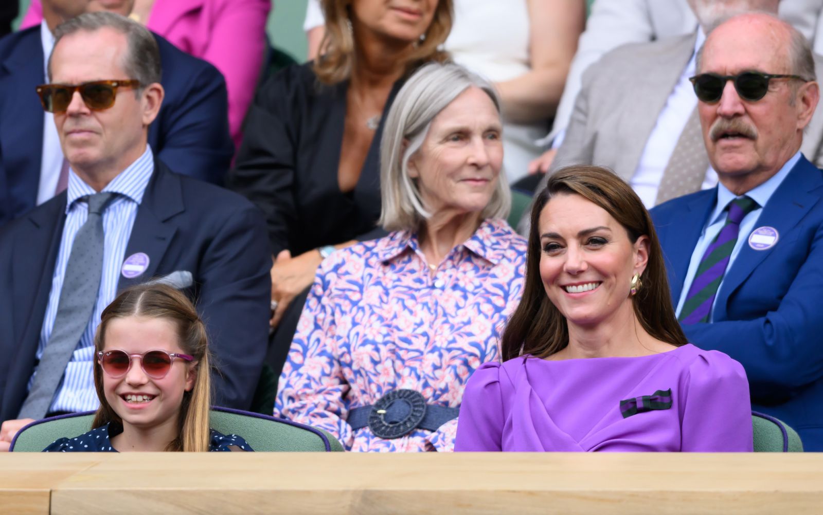 LONDON, ENGLAND - JULY 14: Princess Charlotte of Wales and Catherine, Princess of Wales court-side of Centre Court during the men's final on day fourteen of the Wimbledon Tennis Championships at the All England Lawn Tennis and Croquet Club on July 14, 2024 in London, England. (Photo by Karwai Tang/WireImage)