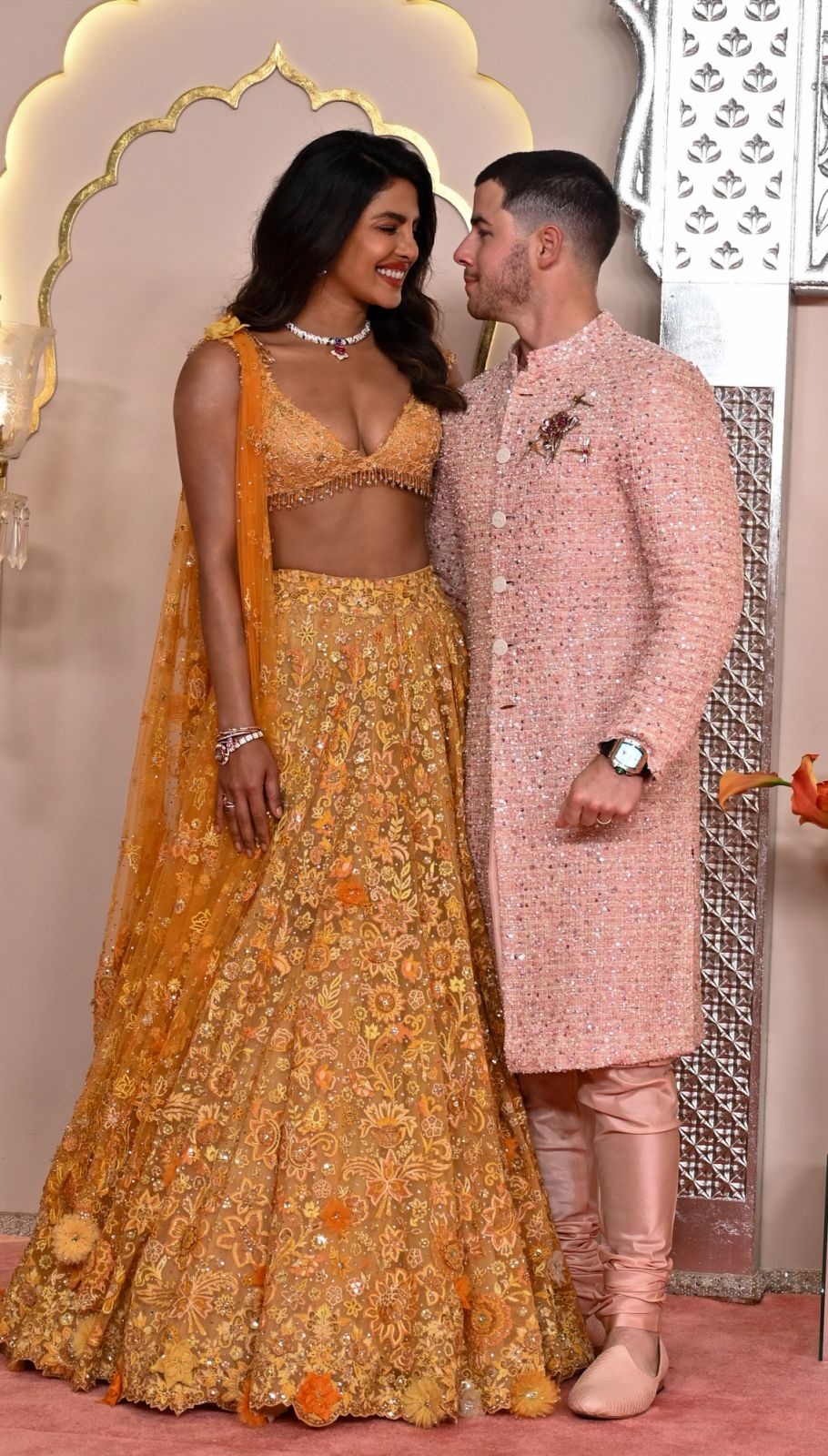 MUMBAI, INDIA - JULY 12: Indian actress Priyanka Chopra and husband Nick Jonas attending the Wedding ceremony of Anant Ambani and Radhika Merchant at the Jio World Convention Centre, BKC on July 12, 2024 in Mumbai, India. (Photo by Raju Shinde/Hindustan Times via Getty Images)