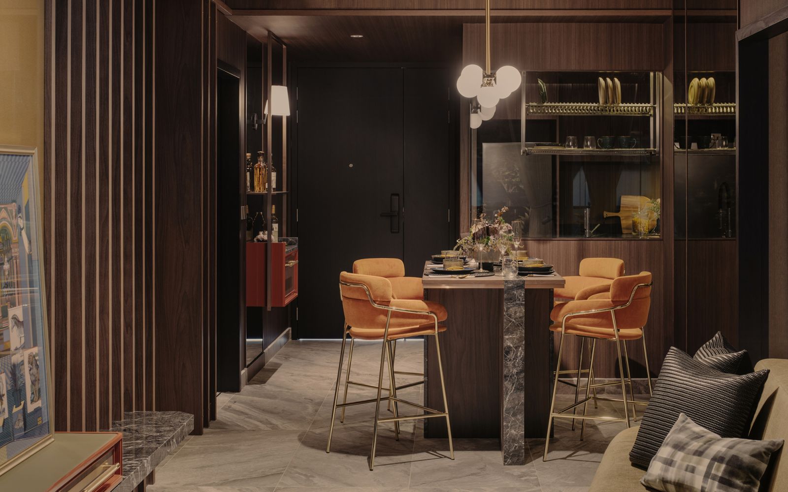 The Arrmet Strike high stools contribute to the inviting look of the kitchen island in the dining area