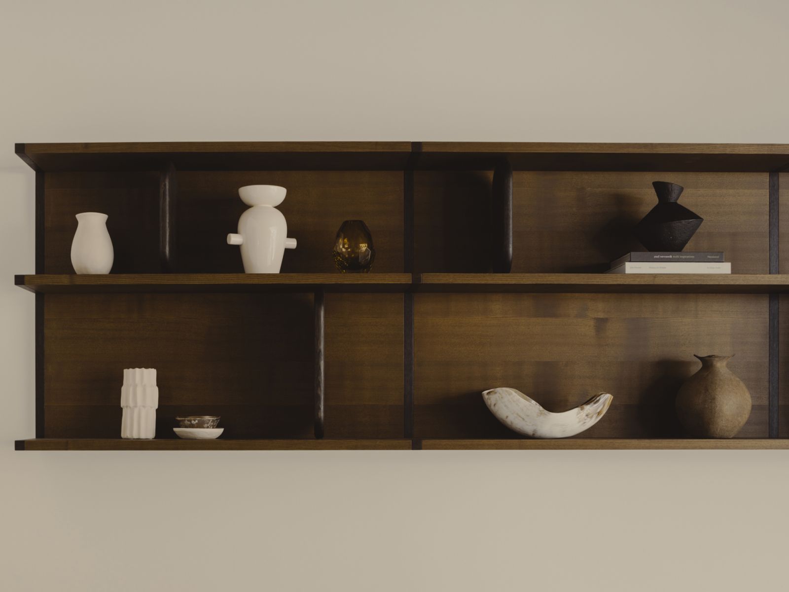 Bespoke shelves made of fumed oak timber stained different tones