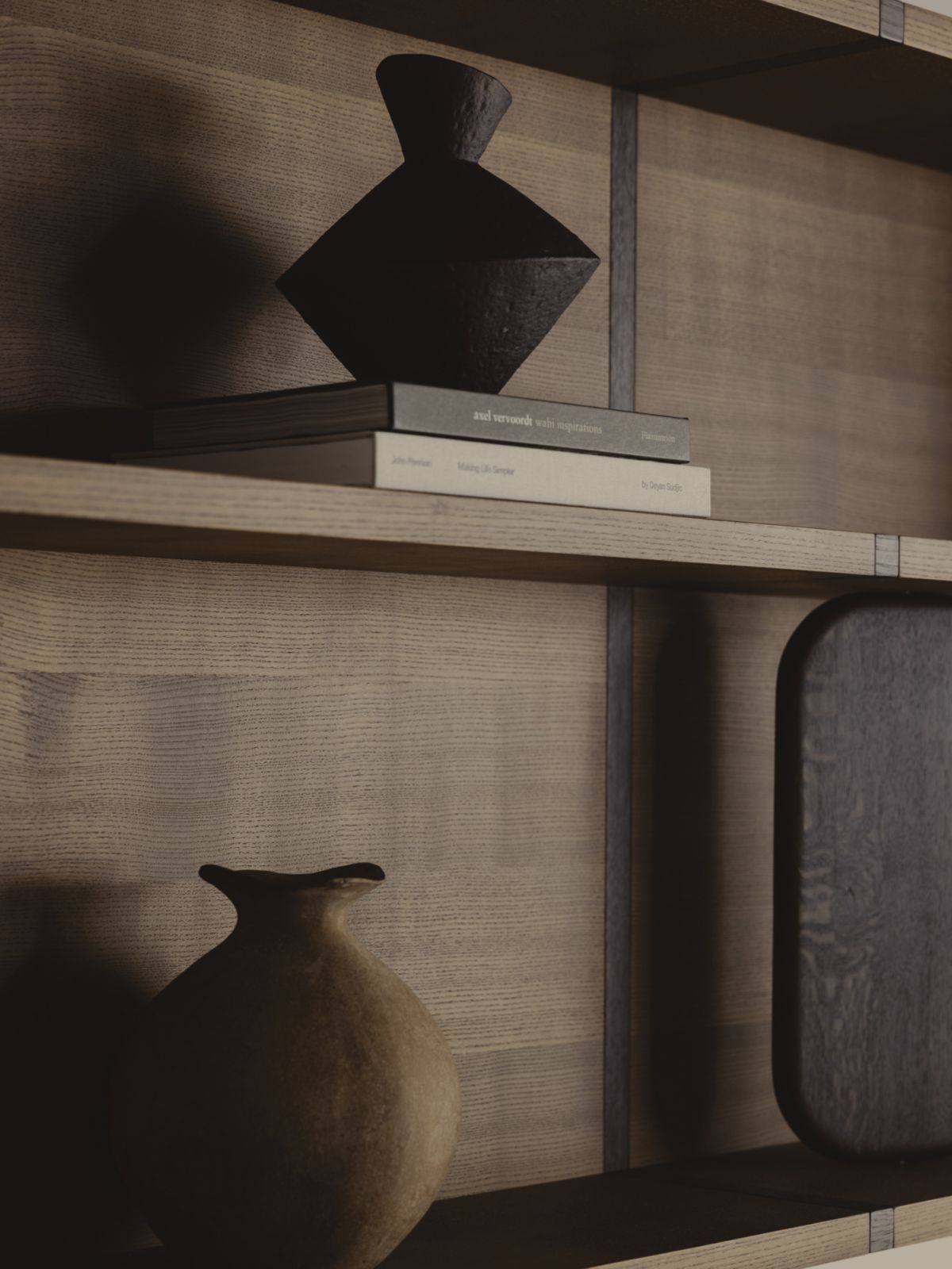 A closer look at the fumed oak timber shelves