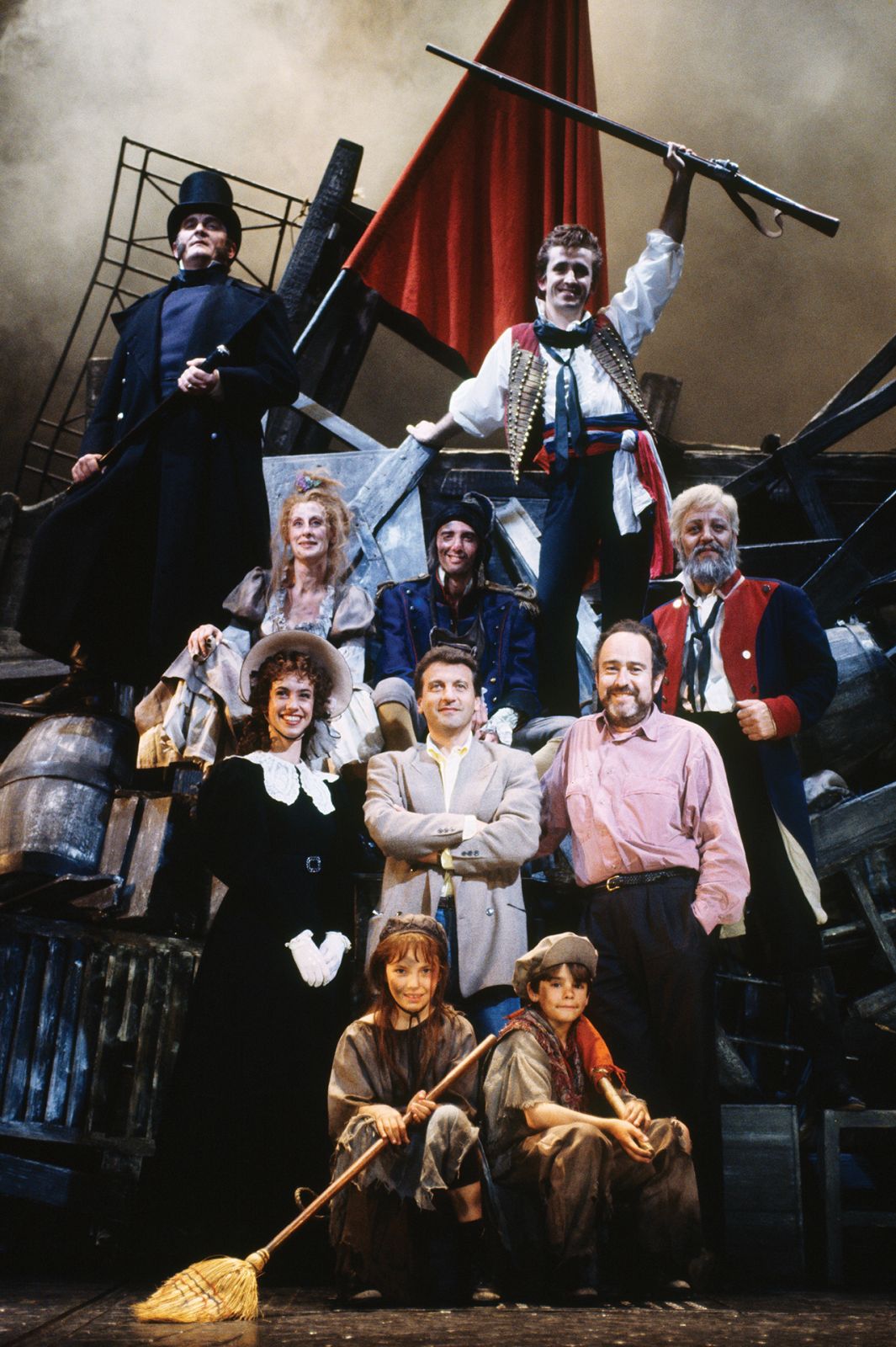 Performance of the musical Les Miserables at Theatre Mogador in Paris. The words were written by Alain Boublil and music by Claude-Michel Schonberg. Actors include Patrick Rocca, Jerome Pradon, Marie-France Roussel, Laurent Gendron, Robert Marien, Louise Pitre, Marie Zamora and Ludwig Briand. Lyrics: Herbert Kretzmer. (Photo by Michael Le Poer Trench/Sygma via Getty Images)