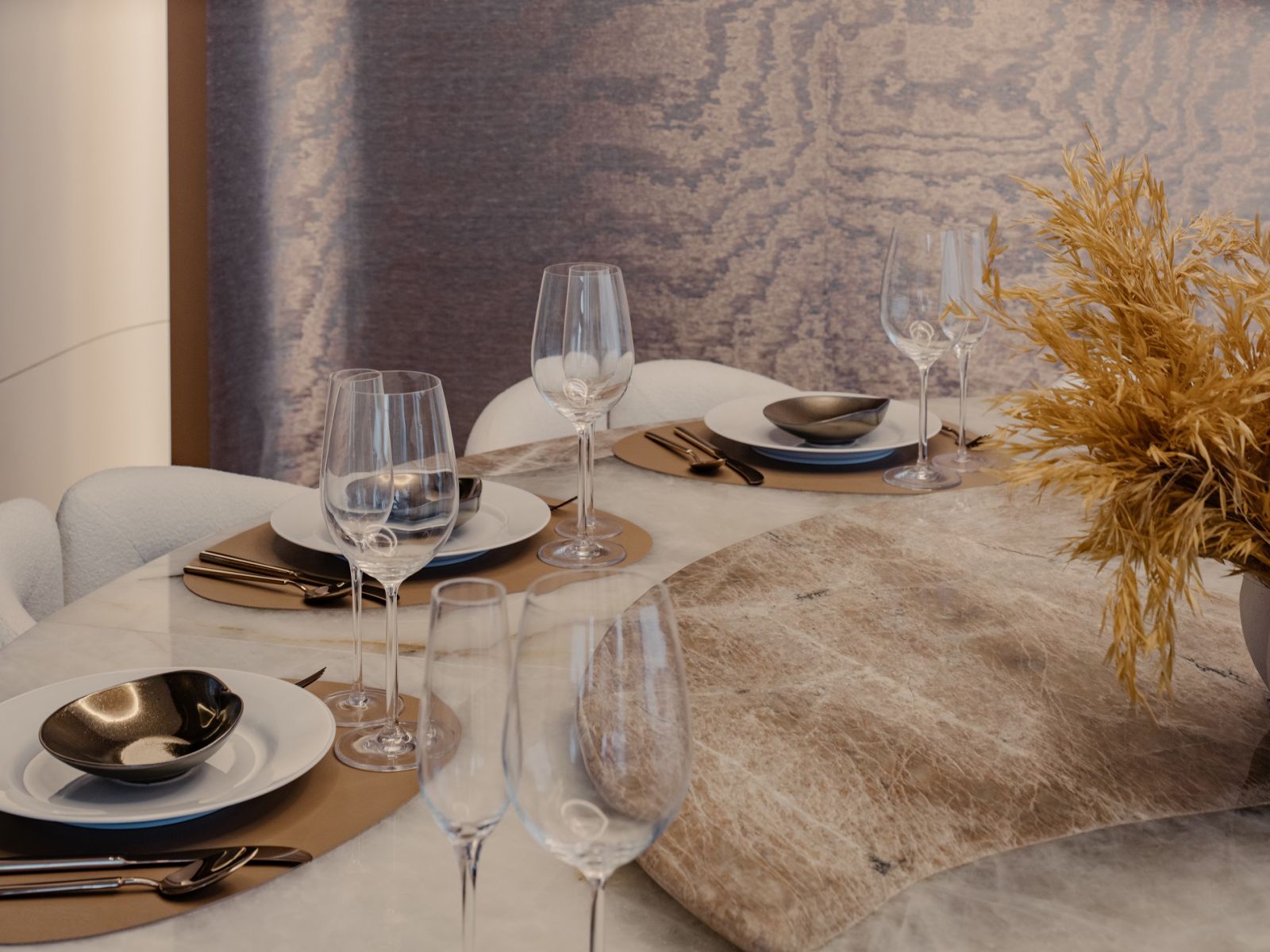 The dining area with a Patagonia Glace marble form