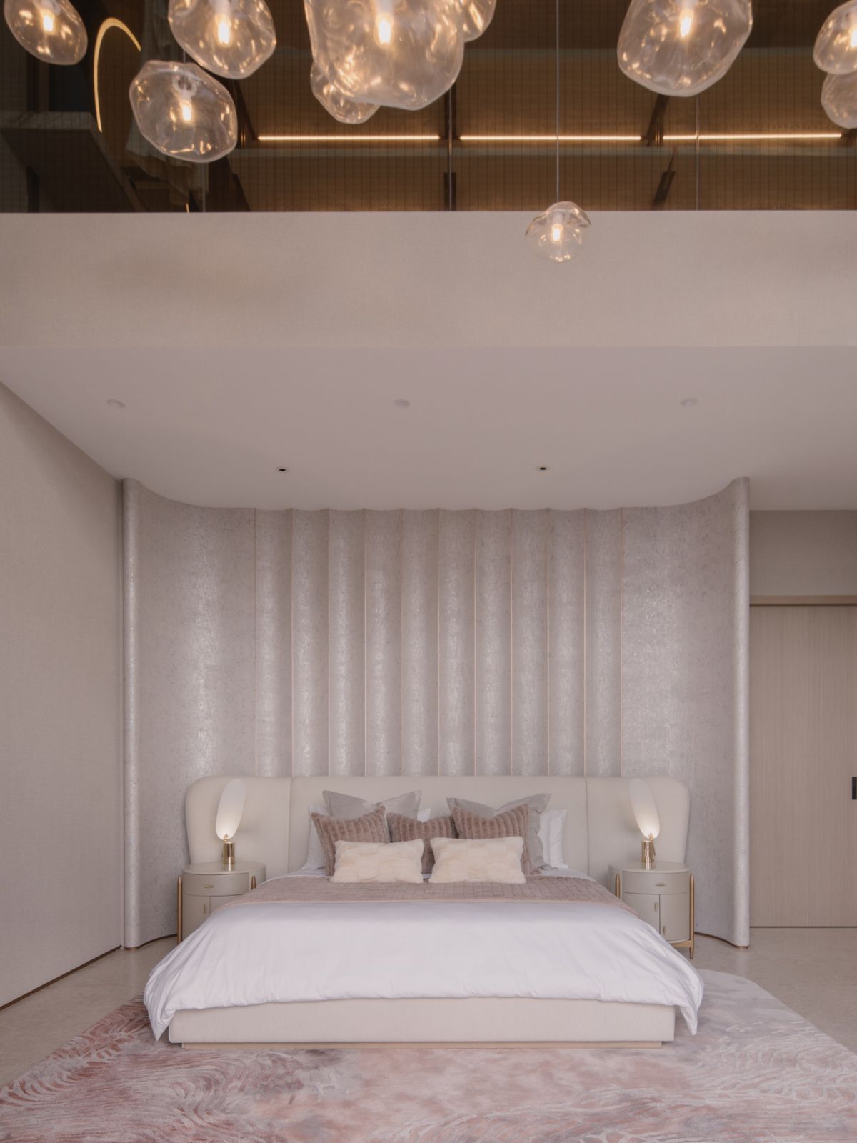 The master bed and furniture contribute to the master suite's dreamy atmosphere with soft, pastel tones
