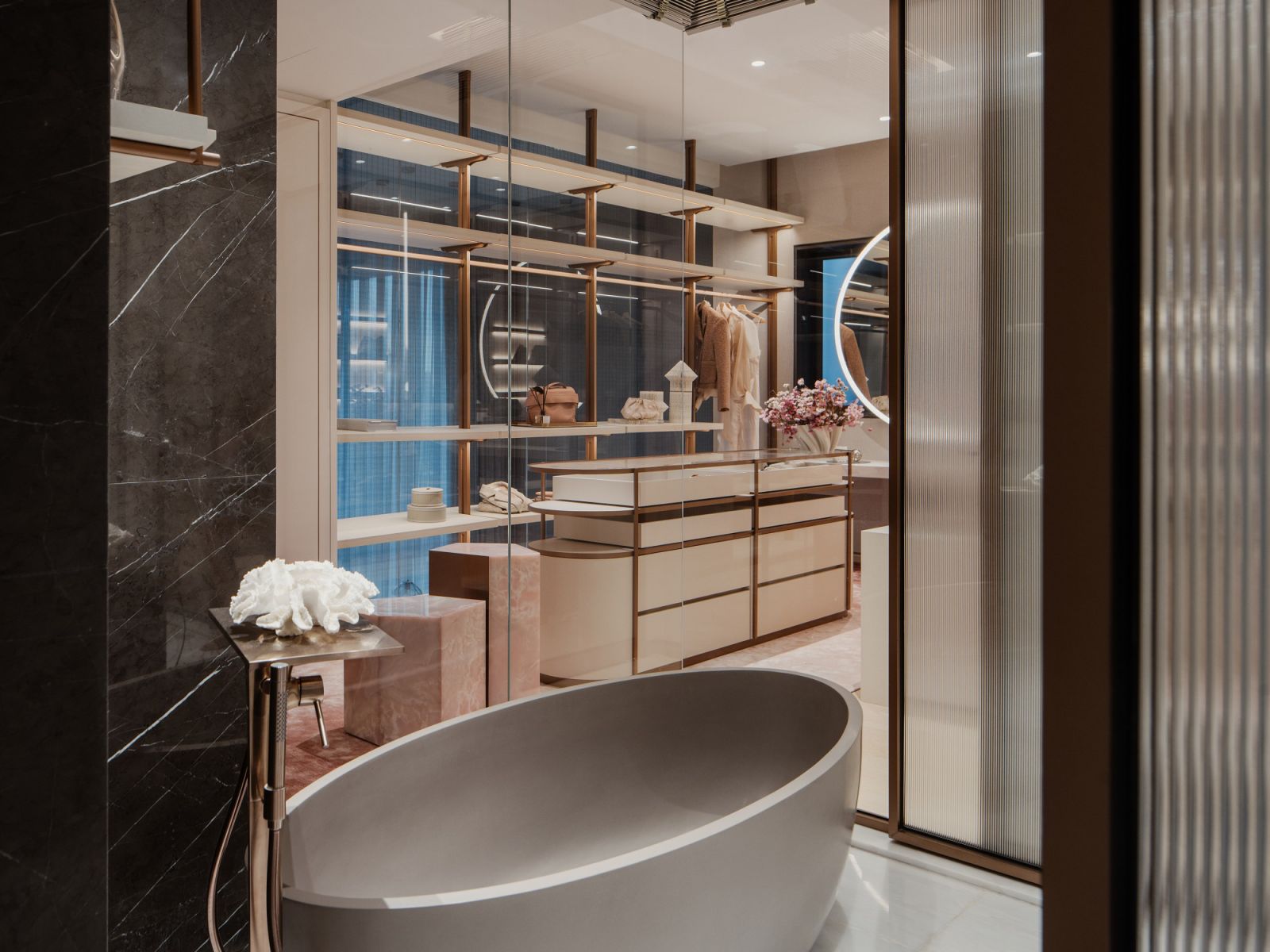 The master bathroom situated next to the walk-in wardrobe
