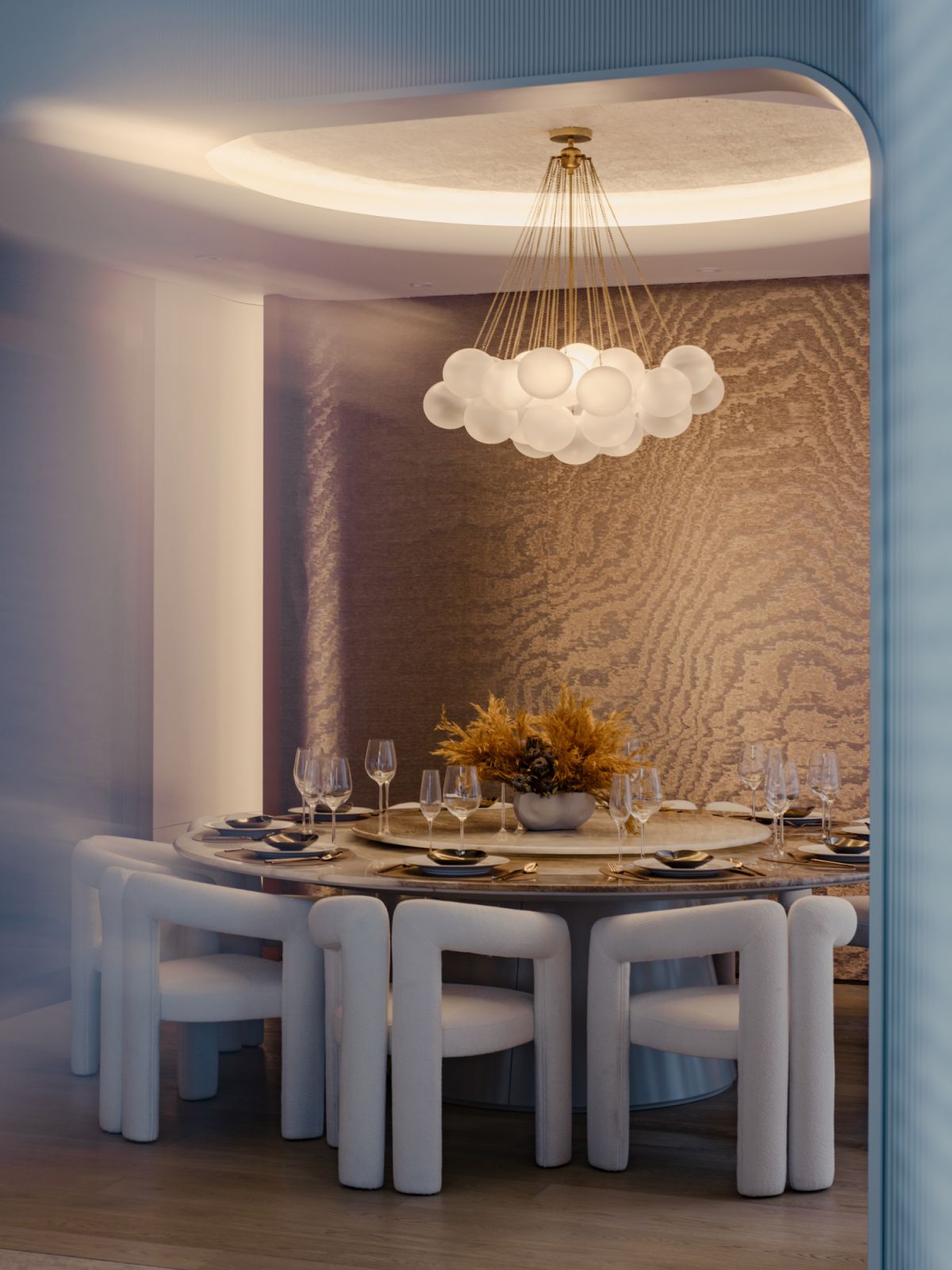 A look at the dining area with plush textures