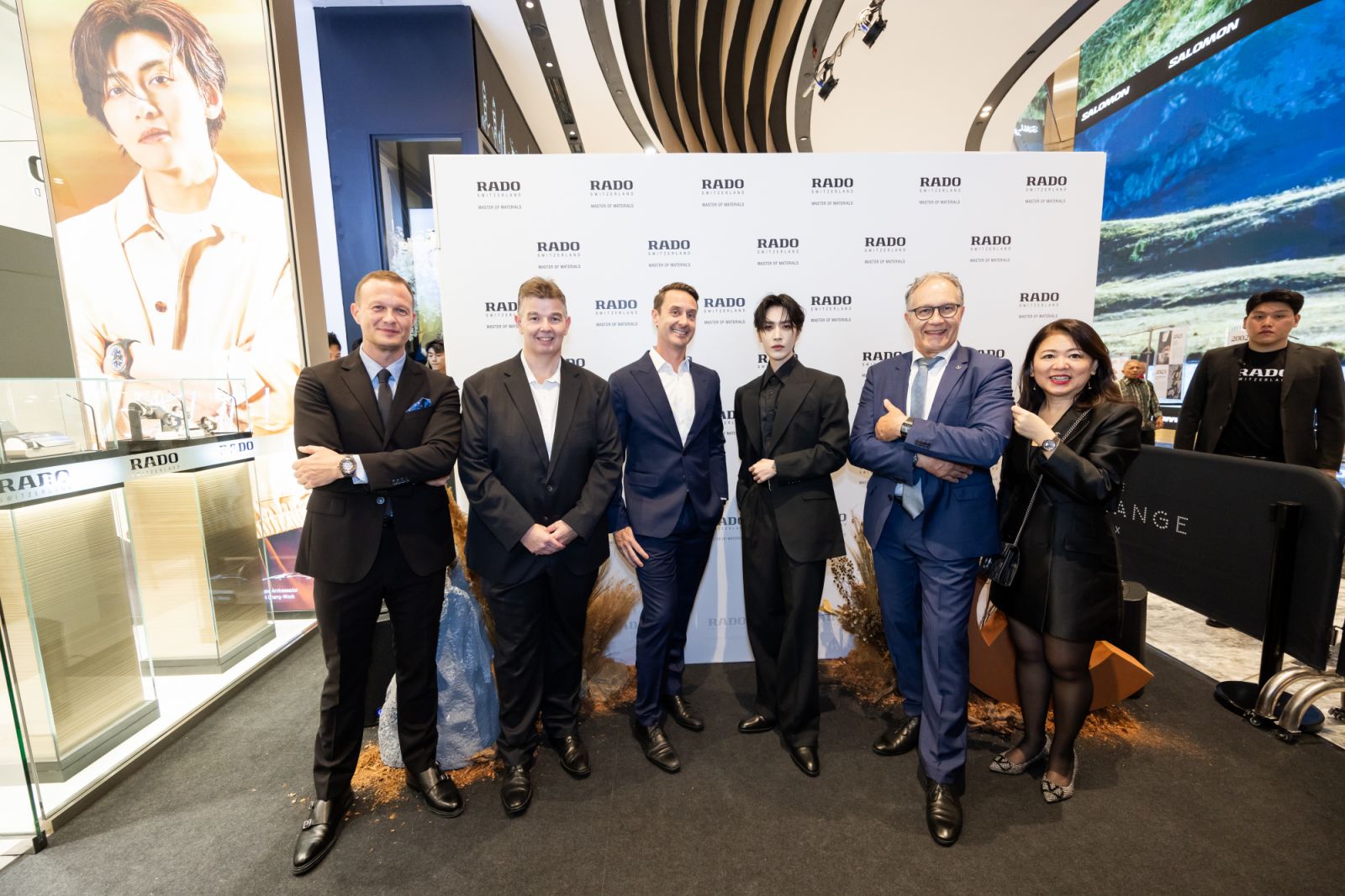 Left to right: Martin Issing, Country Manager of Swatch Group Malaysia, Trevor Hill, General Manager of The Exchange TRX, Mitch Wilson, Project Director of The Exchange TRX, Hakken, Celebrity Guest, Adrian Bosshard, Rado CEO and Penny Chong, Rado Malaysia Brand Manager