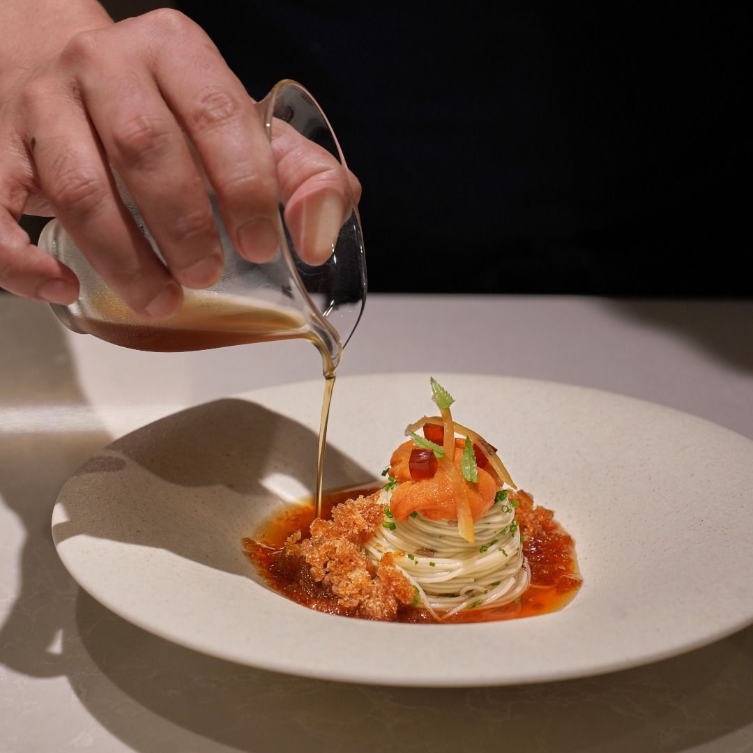 Chilled noodles with seasonal sea urchin, plum consommé, beef granita (Photo: Instagram / @imbue_sg)