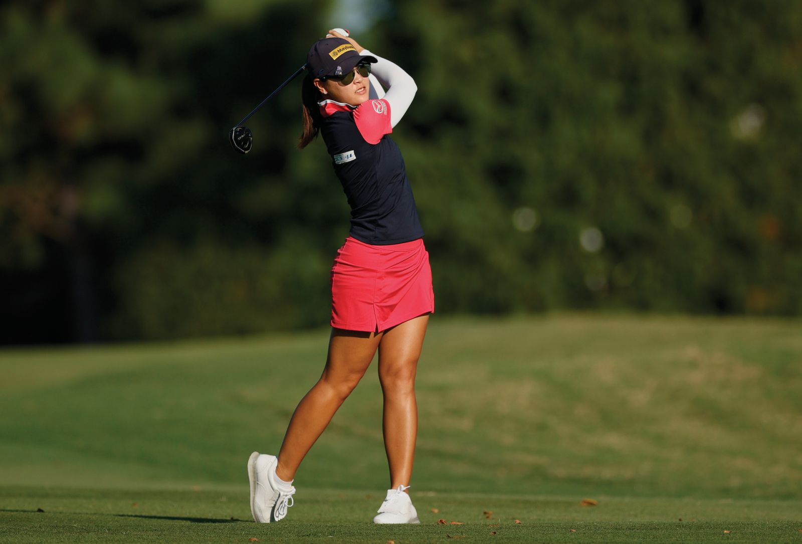ROGERS, ARKANSAS - SEPTEMBER 29: Kelly Tan of Malaysia plays a shot on the 18th hole during the first round of the Walmart NW Arkansas Championship presented by P&G at Pinnacle Country Club on September 29, 2023 in Rogers, Arkansas. (Photo by Alex Slitz/Getty Images)