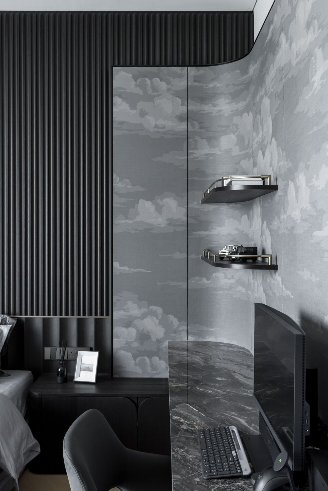 Artisanal wallpaper provides an elegant backdrop
