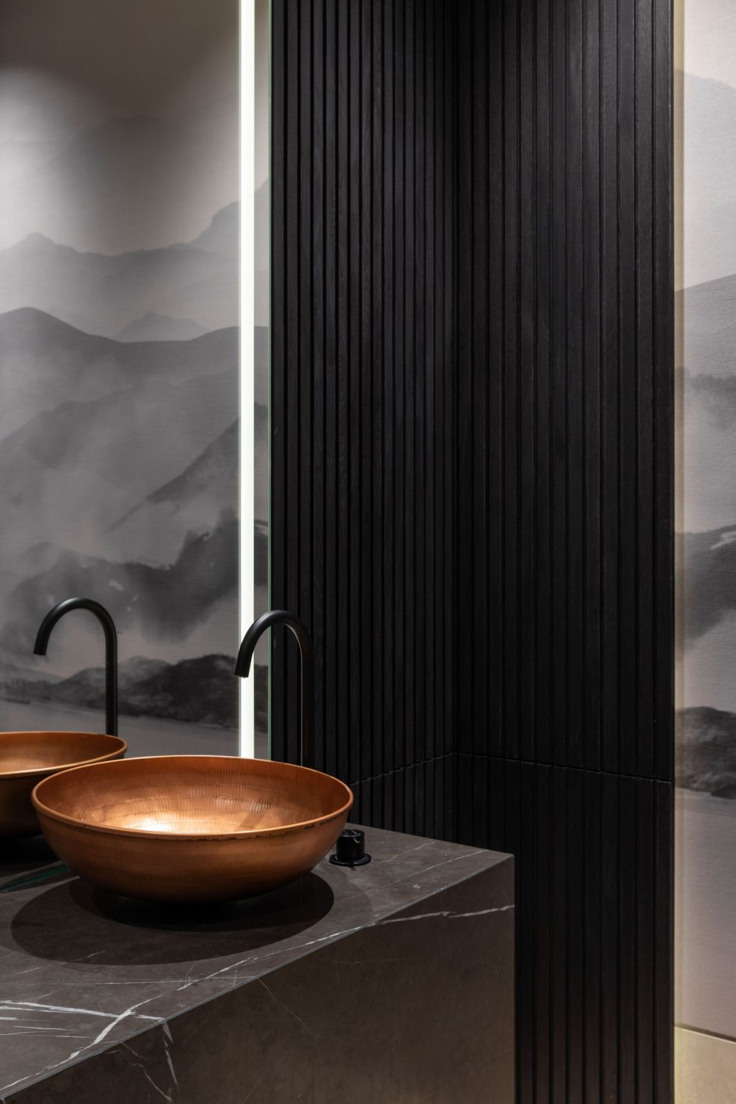 The bathroom showcases feature walls