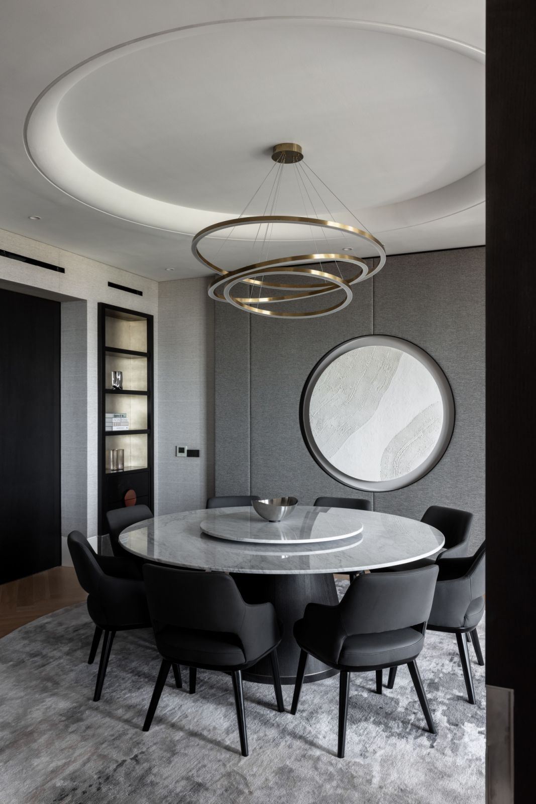 A modern chandelier in the dining room