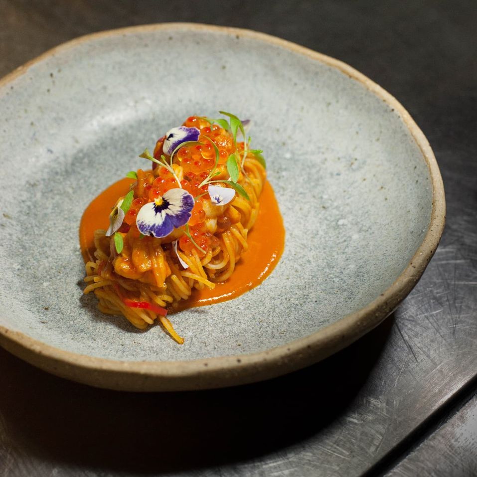 Flutes's chilli Fraser Isle spanner crab spaghettini crowned with Yarra Valley caviar (Photo: Flutes)
