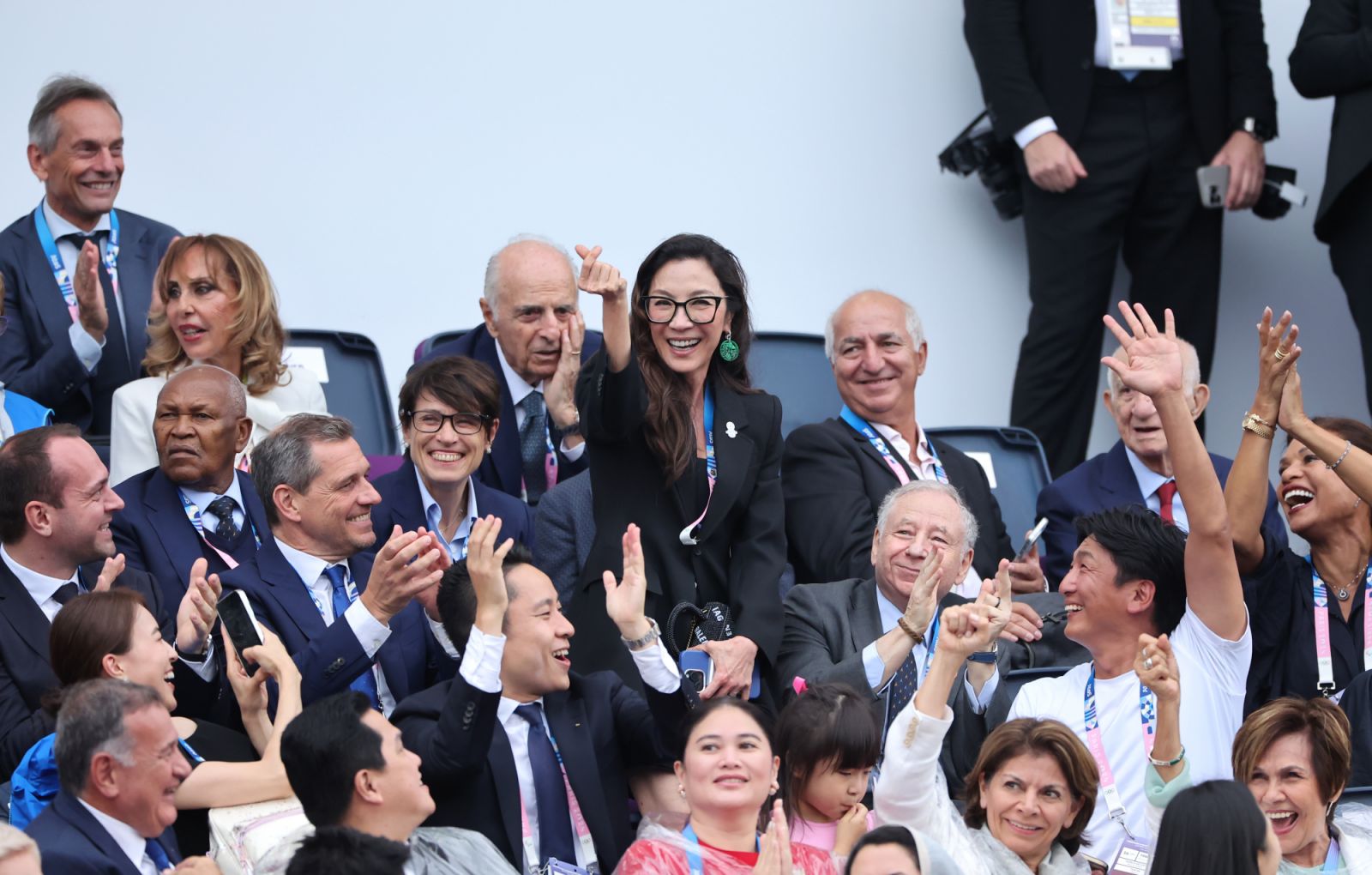 PARIS, FRANCE - JULY 26: Michelle Yeoh gestures prior to the opening ceremony of the Olympic Games Paris 2024 at Place du Trocadero on July 26, 2024 in Paris, France. (Photo by Jamie Squire/Getty Images)