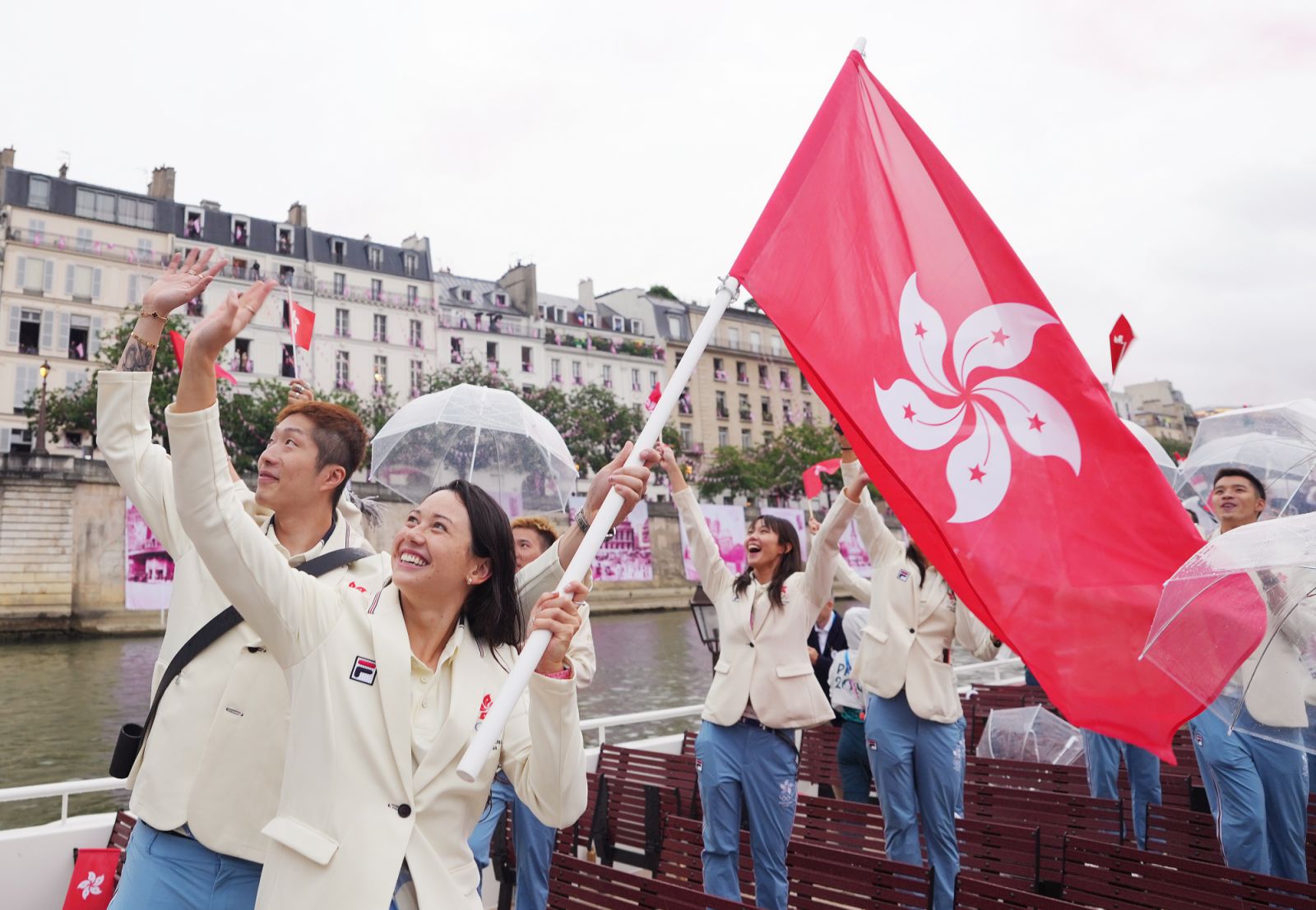 PARIS, FRANCE - JULY 26: Members of the delegation of China's Hong Kong attend the opening ceremony of the Paris 2024 Olympic Games in Paris, France, July 26, 2024. (Photo by Lui Siu Wai - POOL/Getty Images)
