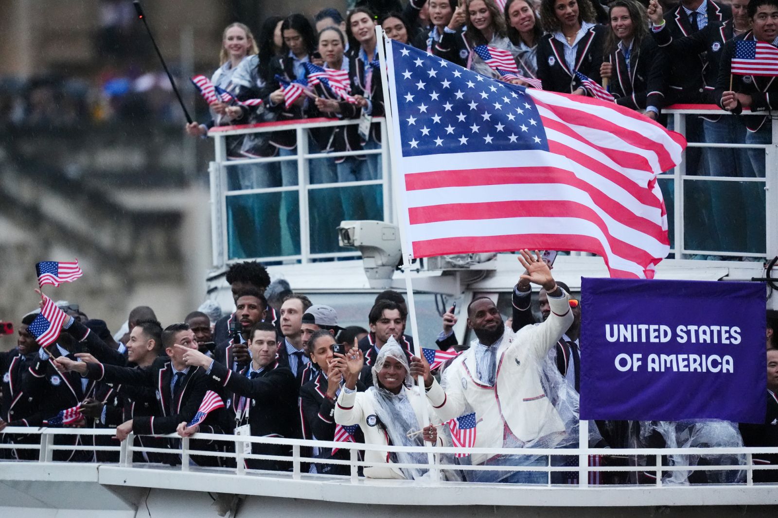 Team United States of America and flagbearers Coco Gauff and Lebron James during the opening ceremony of the Paris 2024 Olympic Games in France. Picture date: Friday July 26, 2024. (Photo by John Walton/PA Images via Getty Images)