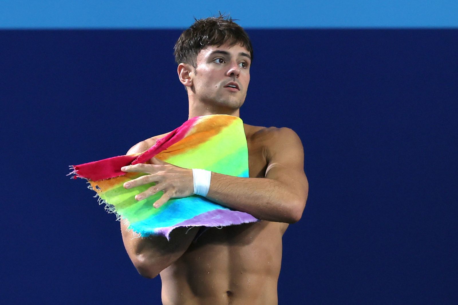 PARIS, FRANCE - JULY 23: Tom Daley of Team Great Britain practices during a diving training session ahead of the Paris Olympic Games at the Aquatics Centre on July 23, 2024 in Paris, France. (Photo by Clive Rose/Getty Images)