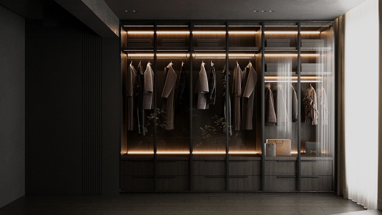 The apartment’s walk-in wardrobe