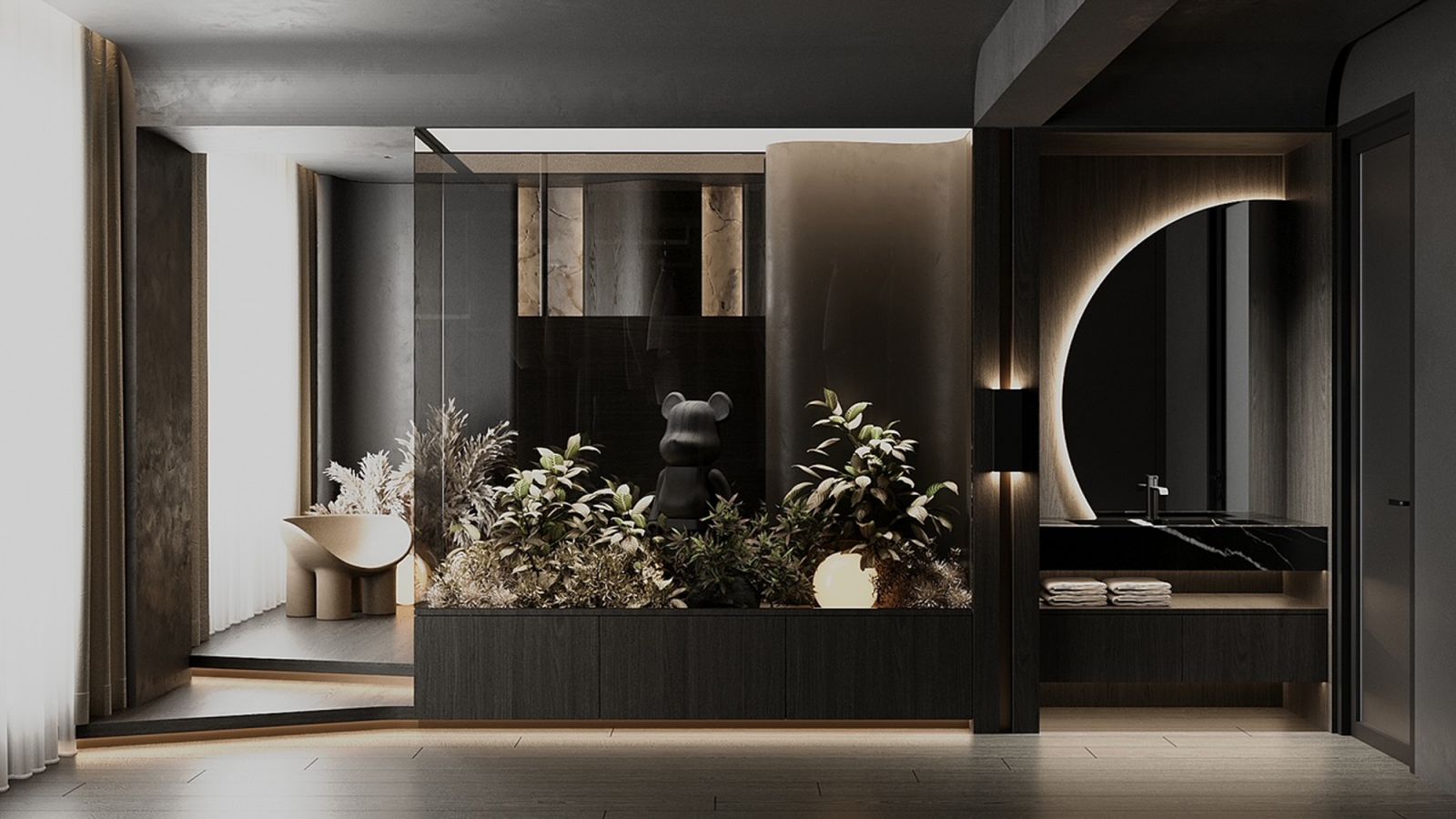 The home’s luxurious bathroom, designed as a haven for meditation and deep contemplation