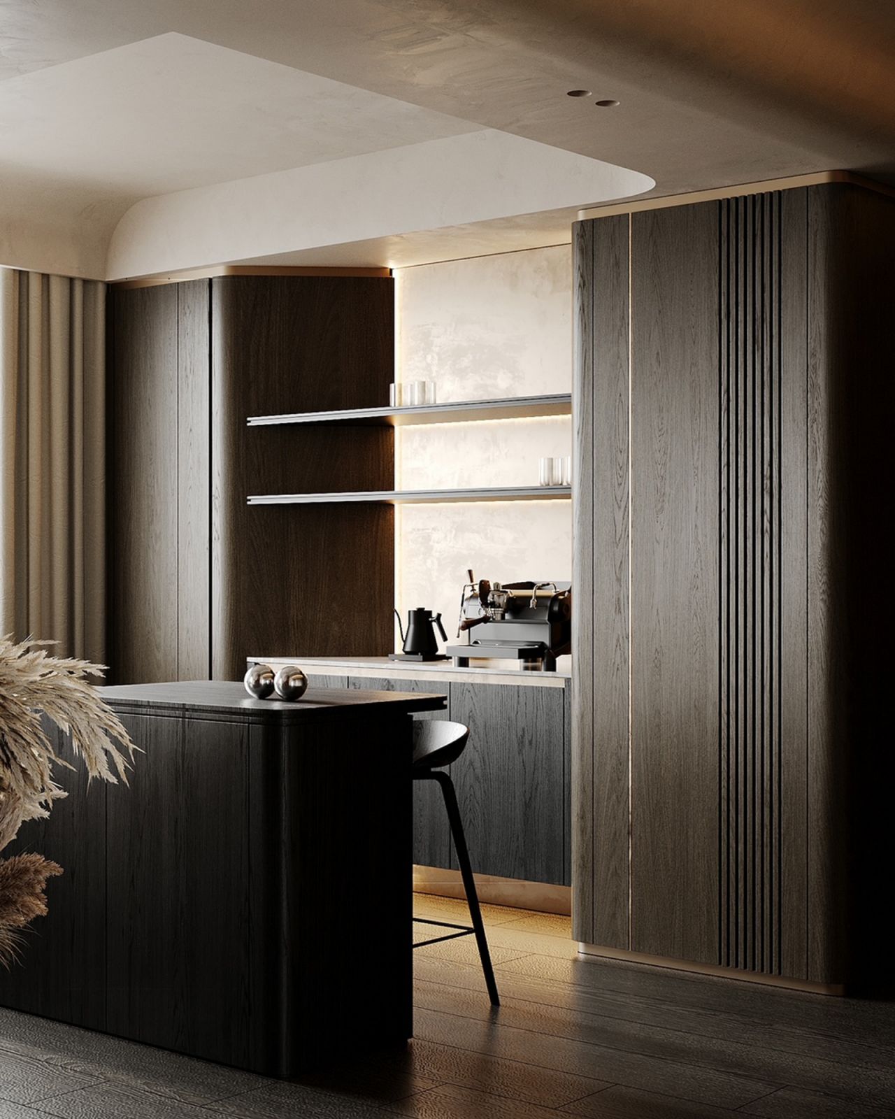 A dry pantry that combines soulful design and convenience, facilitating water runs at night without navigating through the entire home