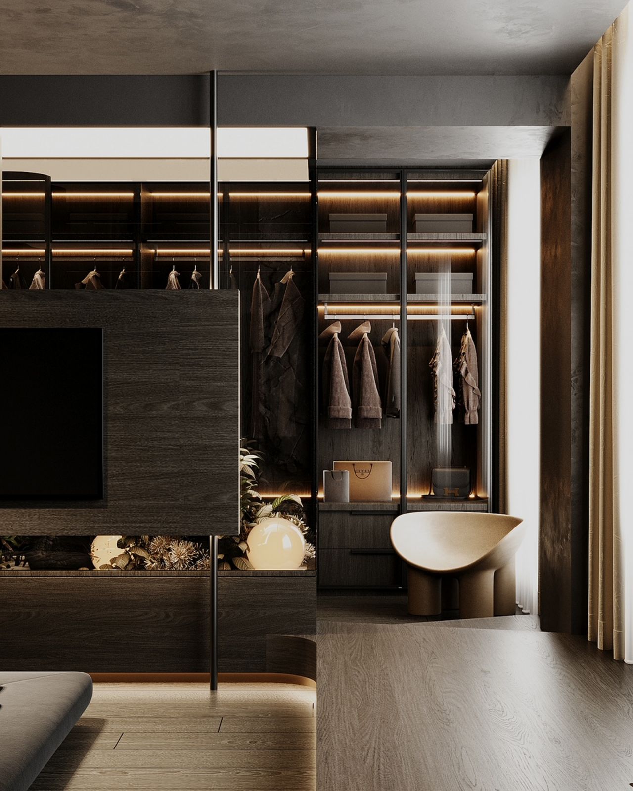 The walk-in wardrobe located at the side of the open-space master suite