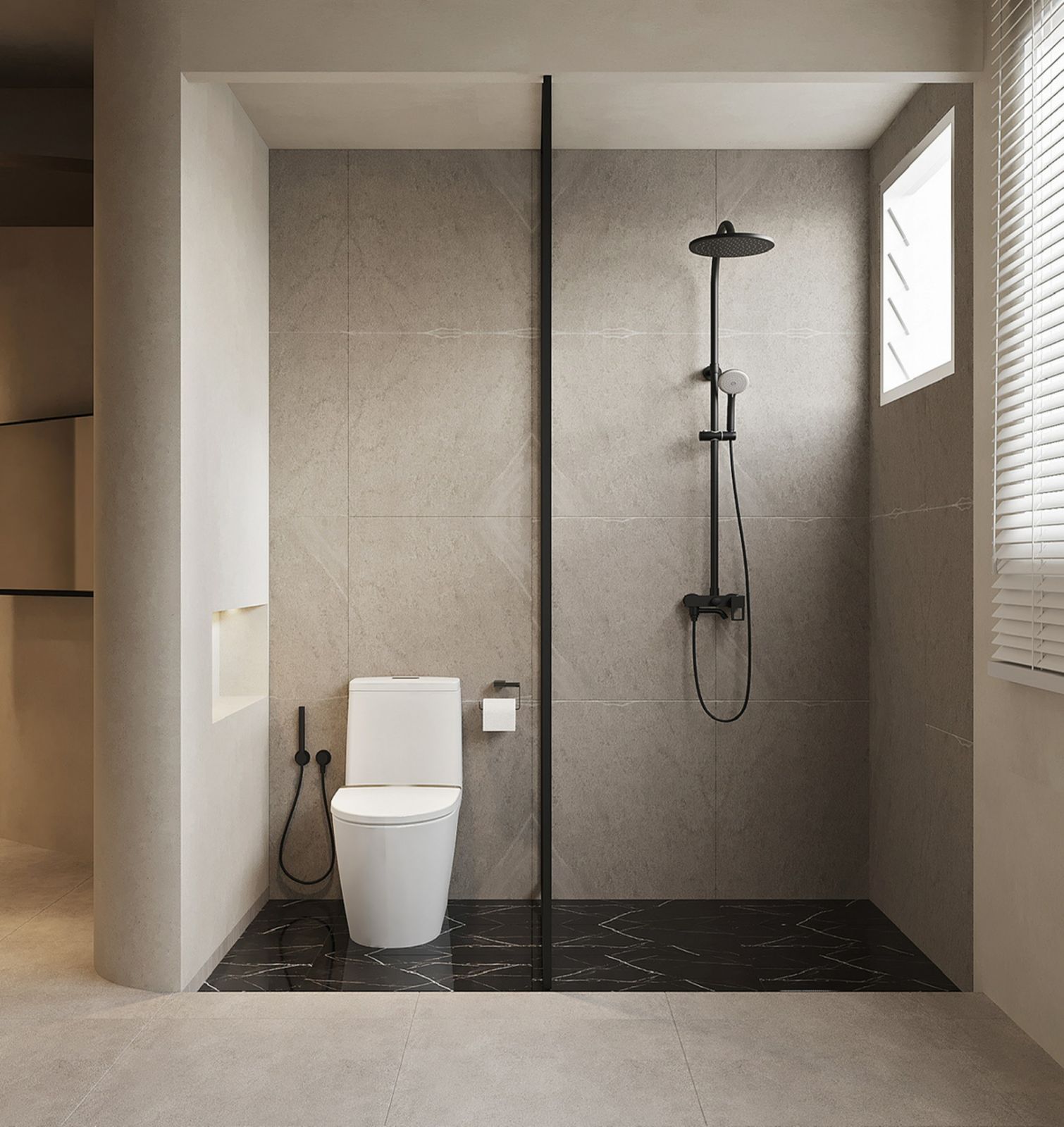 The streamlined bathroom follows the open-plan theme found throughout the apartment