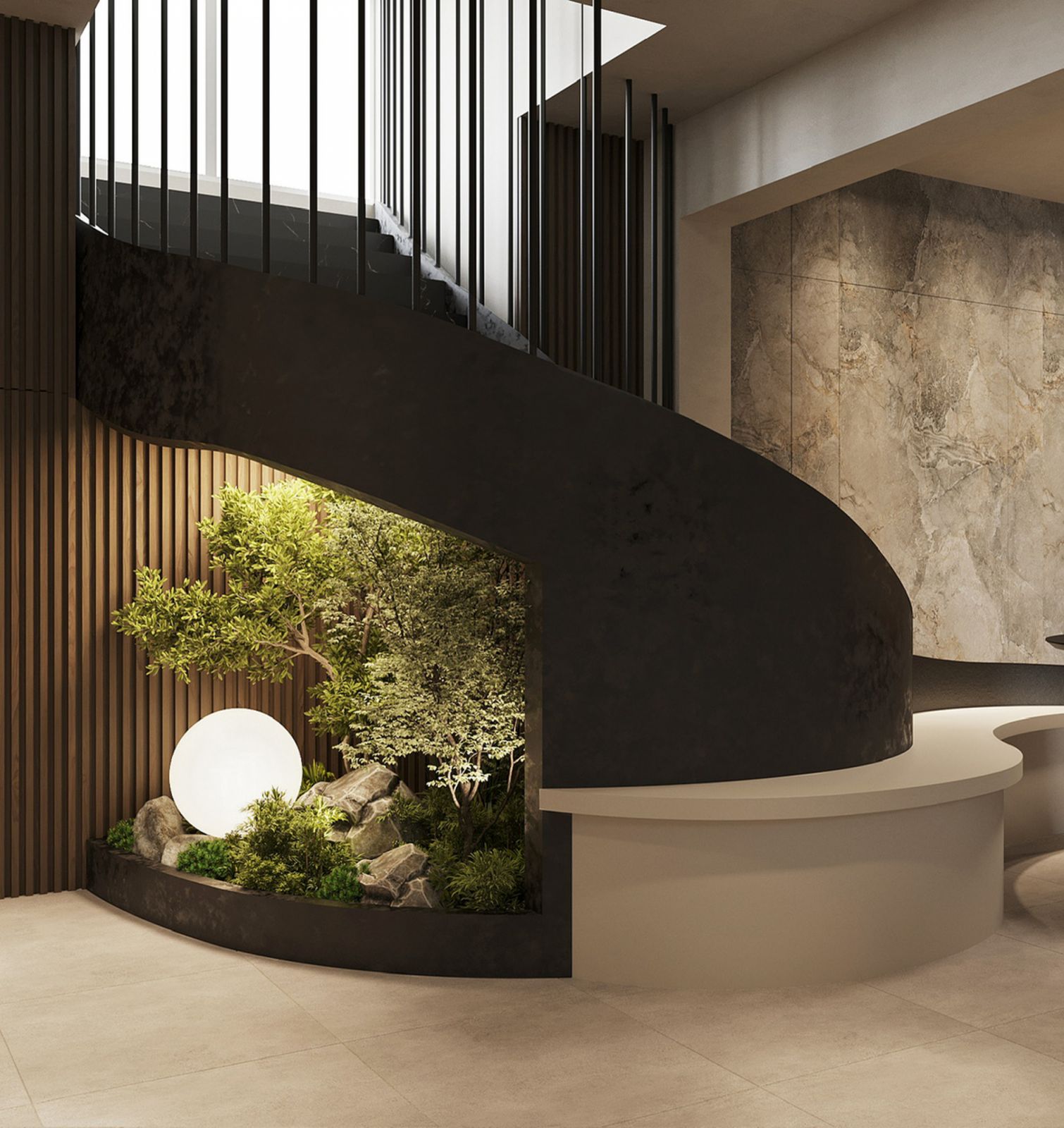 The apartment’s captivating centrepiece is this curvaceous staircase, which adds visual drama and is further enhanced by an artificial skylight