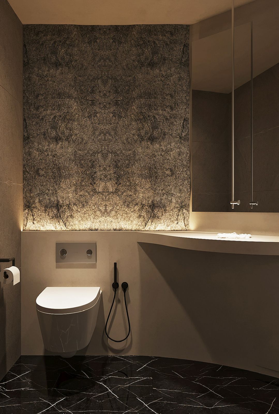 The ensuite bathroom was conceived as a harmonious blend of form and function