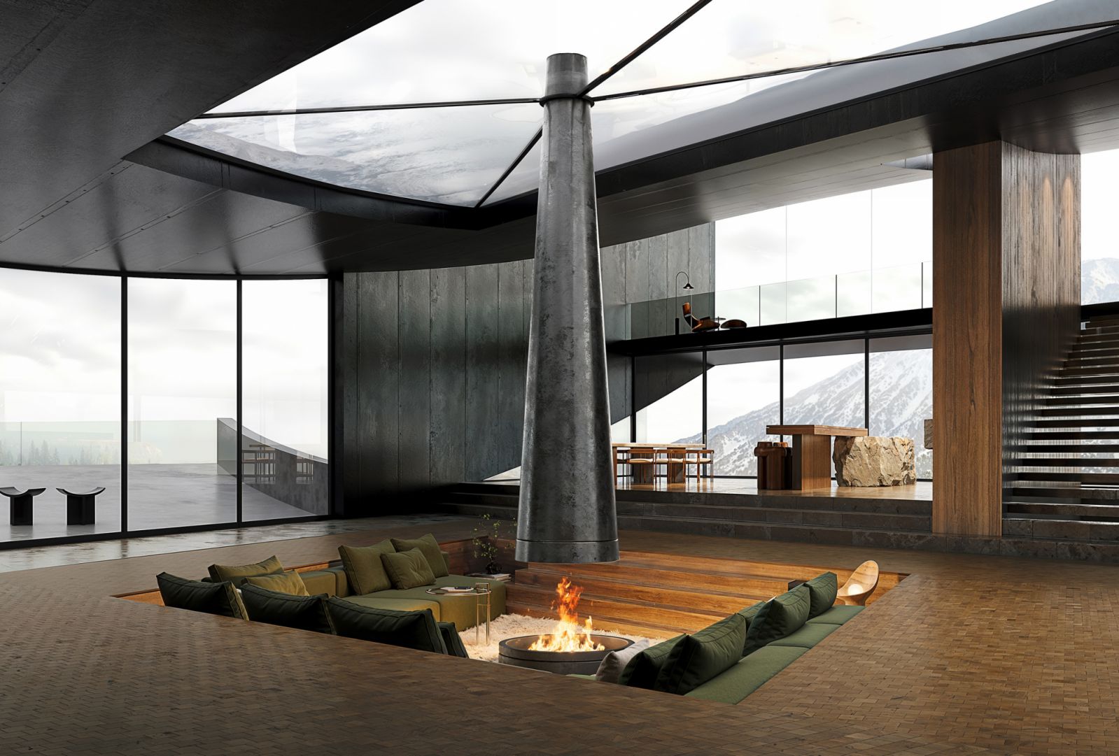 A glass façade with expansive windows invites the experience of nature into the building