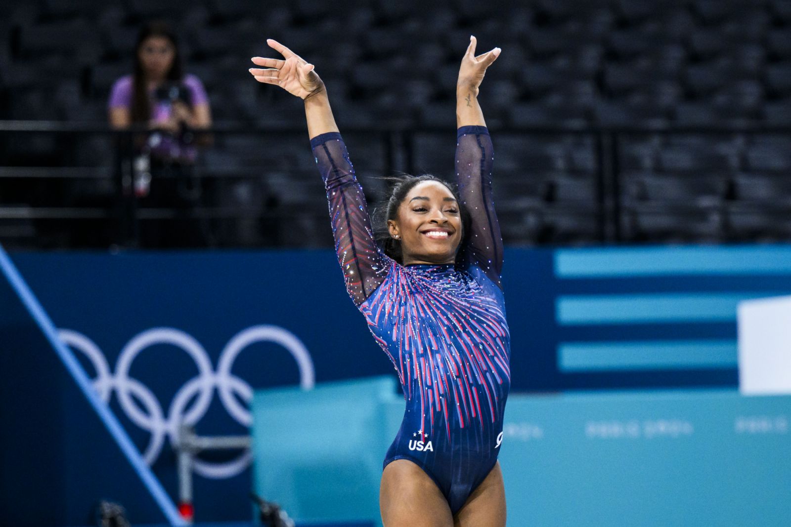PARIS, FRANCE - JULY 25: Simone Biles of Team United States smiles during a Gymnastics training session ahead of the Paris 2024 Olympics Games on July 25, 2024 in Paris, France. (Photo by Tom Weller/VOIGT/GettyImages)