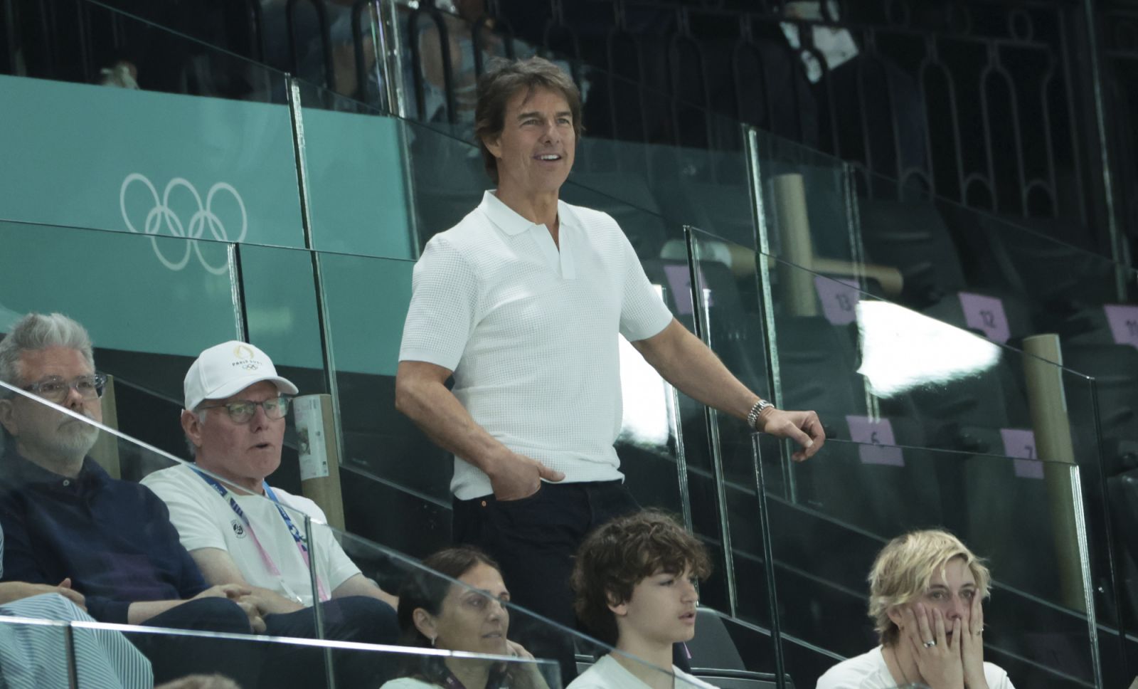 PARIS, FRANCE - JULY 28: Tom Cruise attends day two of the Paris 2024 Olympic Games at the artistic gymnastics event with Simone Biles of USA at Paris Arena on July 28, 2024 in Paris, France. (Photo by Jean Catuffe/Getty Images)
