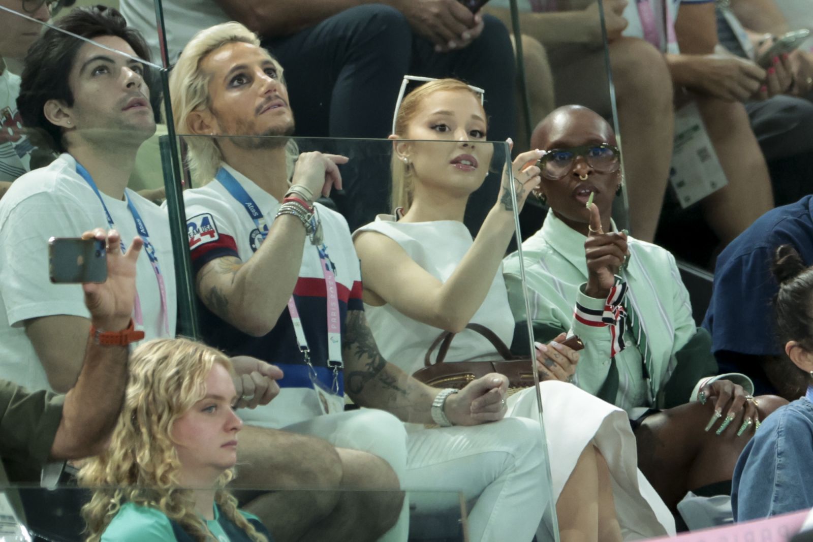 PARIS, FRANCE - JULY 28: Ariana Grande and her brother Frankie Grande (left) attend day two of the Paris 2024 Olympic Games at the artistic gymnastics event with Simone Biles of USA at Paris Arena on July 28, 2024 in Paris, France. (Photo by Jean Catuffe/Getty Images)