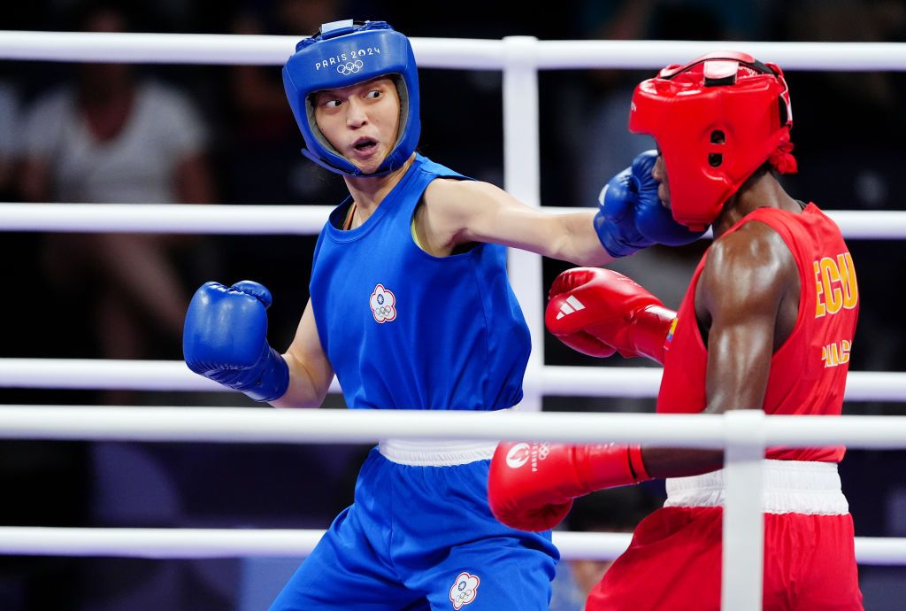 Chinese Taipei's Wu Shih-yi (left) in action against Ecuador's Maria Jose Palacios Espinoza during the Women's 60kg Quarterfinal bout at the North Paris Arena on the fifth day of the 2024 Paris Olympic Games in France. Picture date: Wednesday July 31, 2024. (Photo by Peter Byrne/PA Images via Getty Images)