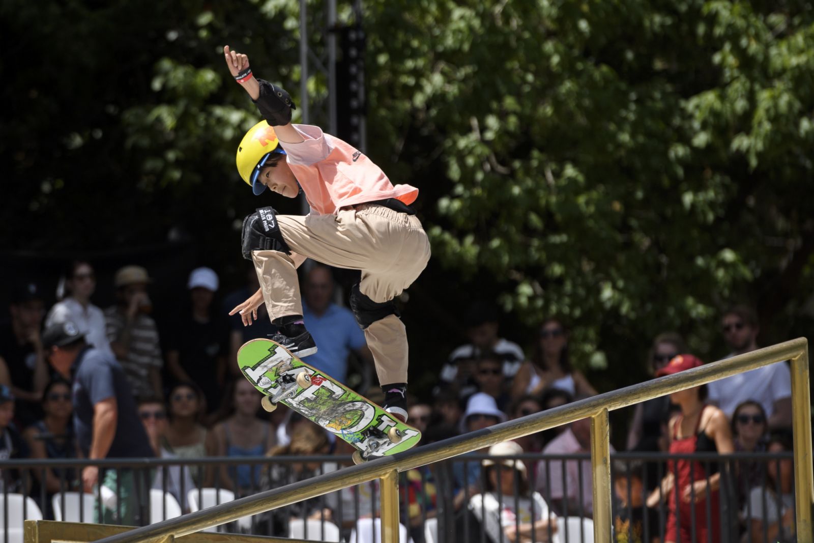 ROME, ITALY - JULY 01: Japanese skateboarder Coco Yoshizawa in action during the Women's Quarterfinal of the World Street Skateboarding Rome 2022 at Colle Oppio park, on July 1, 2022 in Rome, Italy. (Photo by Antonio Masiello/Getty Images)