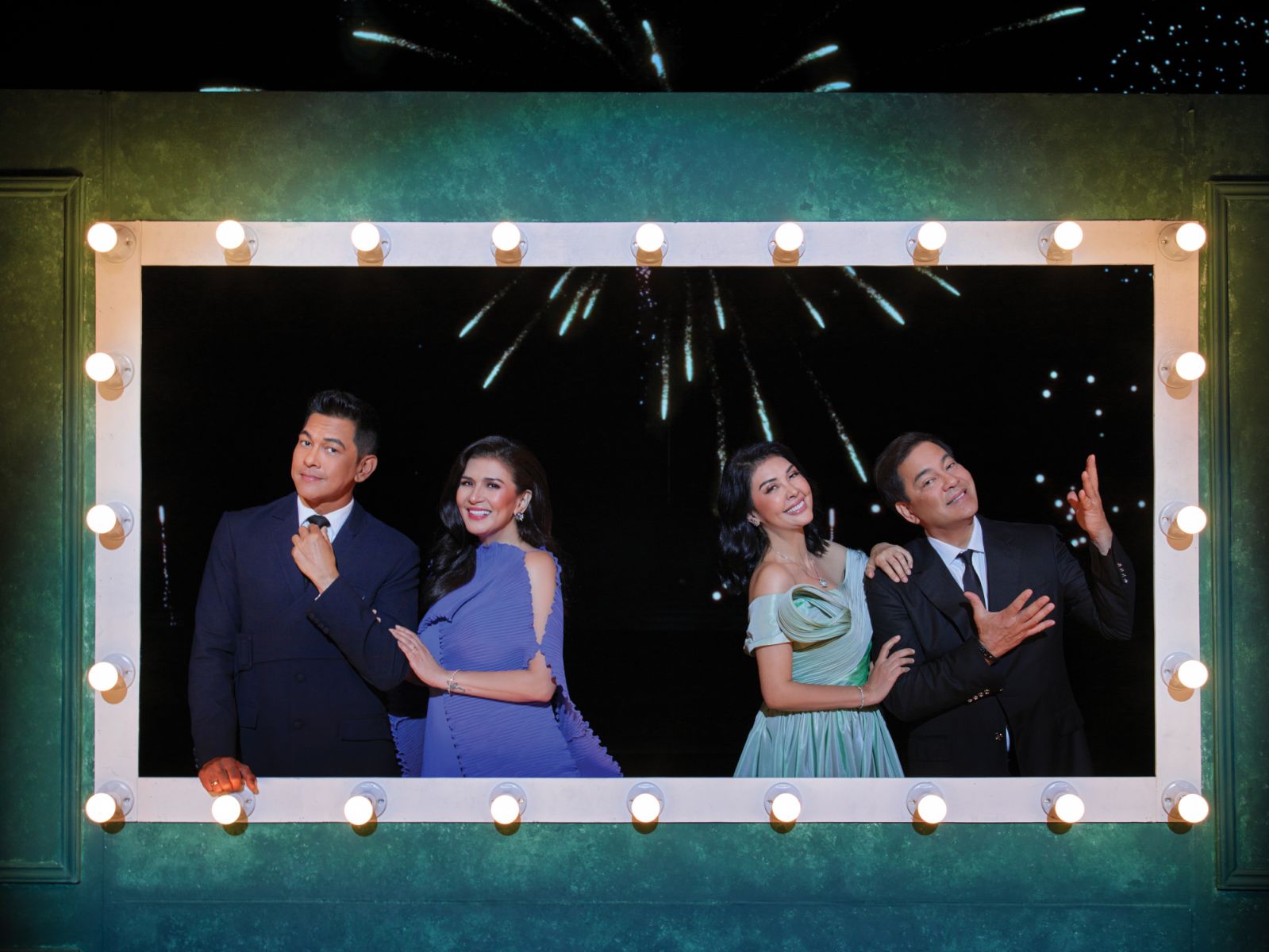 Valenciano wears Rodel Briñas suit, Padilla wears Rajo Laurel gown, Fernandez wears Michael Leyva gown, and Nievera wears Stefano Ricci suit. All jewellery by Tiffany & Co