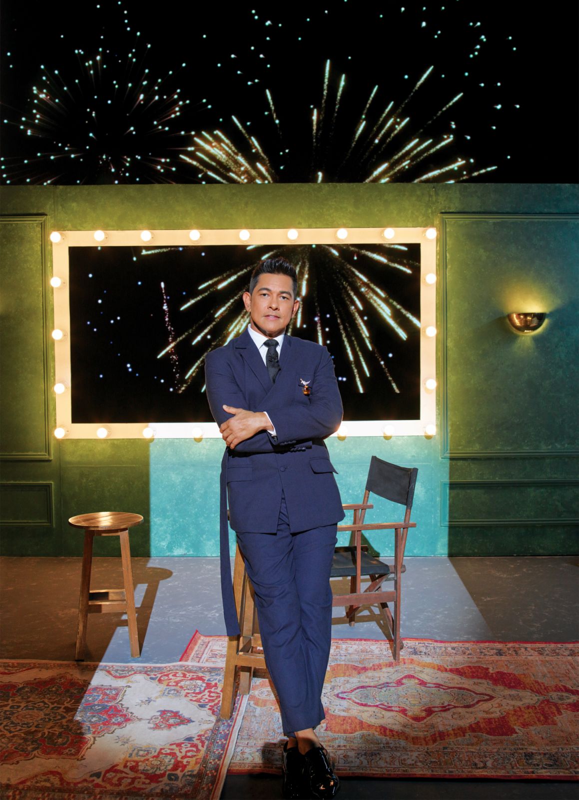Valenciano wears Rodel Briñas suit and Tiffany & Co Bird On A Rock in Citrine brooch