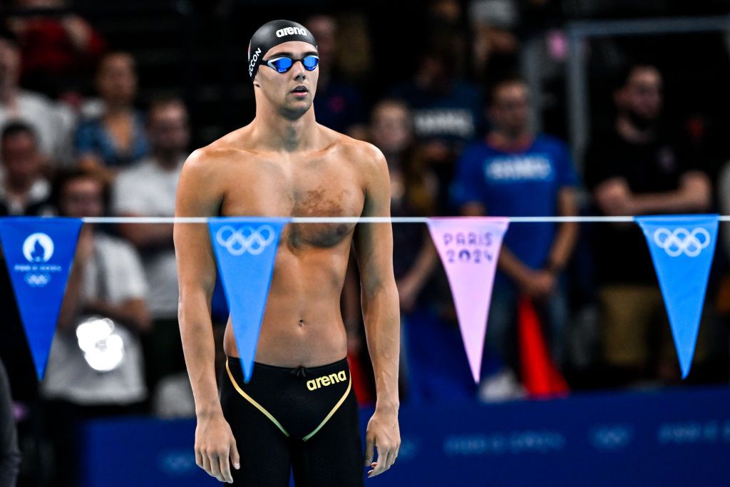 Thomas Ceccon of Italy prepares to compete in the swimming 100m Backstroke Men Semifinals during the Paris 2024 Olympic Games at La Defense Arena. Paris (France), July 28th, 2024. (Photo by DBM/Insidefoto/Mondadori Portfolio via Getty Images)