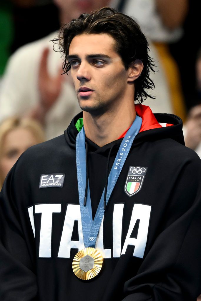 LA DEFENSE ARENA, PARIS, , FRANCE - 2024/07/29: Thomas Ceccon of Italy attends the medal ceremony of the 100m Backstroke Men Final during the Paris 2024 Olympic Games. Thomas Ceccon placed first winning the gold medal. (Photo by andreaxstaccioli/Insidefoto/LightRocket via Getty Images)