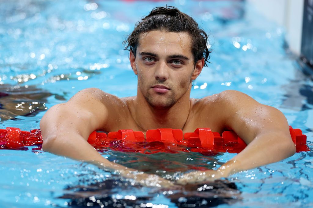 NANTERRE, FRANCE - JULY 31: Thomas Ceccon of Team Italy reacts after competing in the Men's 200m Backstroke Semifinals on day five of the Olympic Games Paris 2024 at Paris La Defense Arena on July 31, 2024 in Nanterre, France. (Photo by Maddie Meyer/Getty Images)
