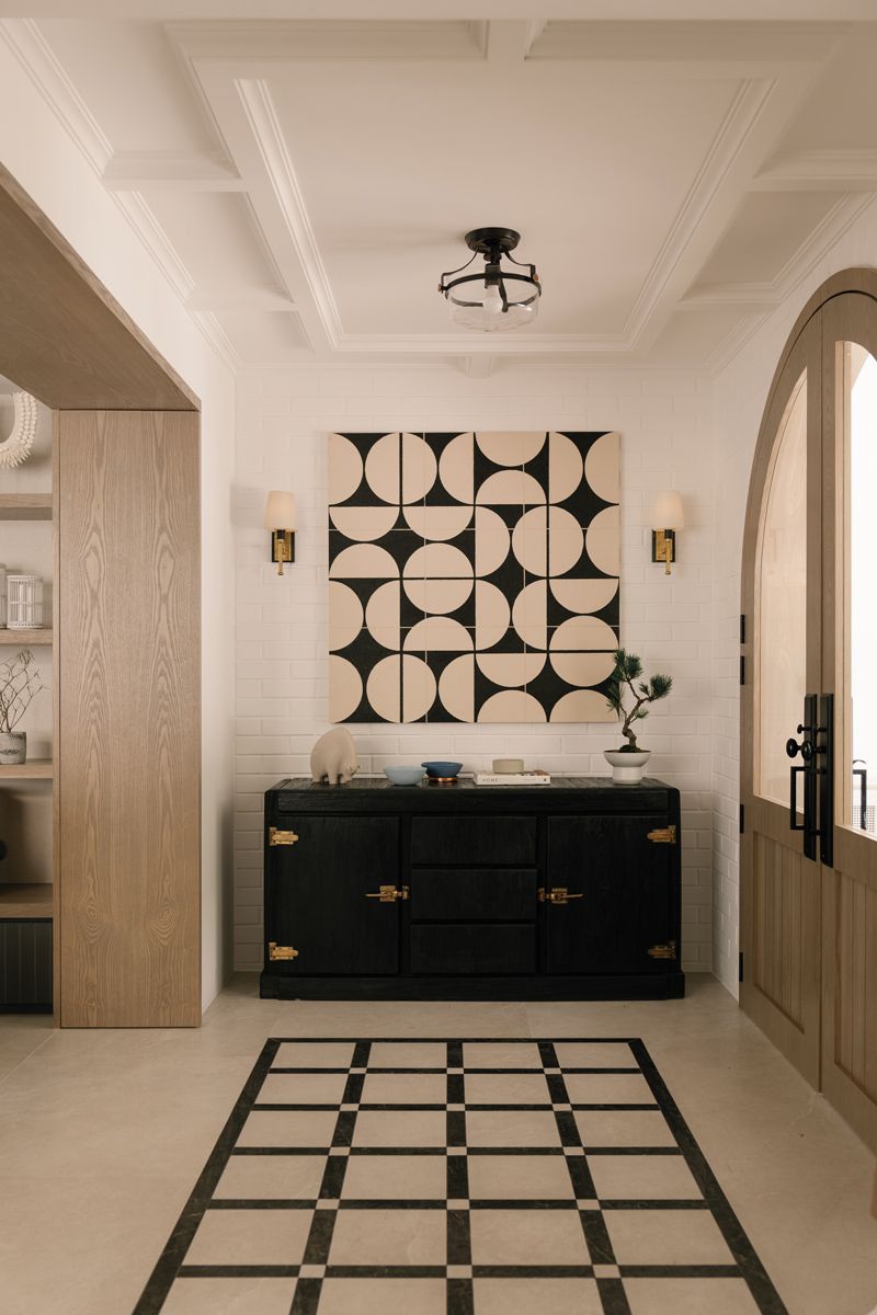 Geometric patterns lend visual interest to both the vertical as well as the horizontal surfaces