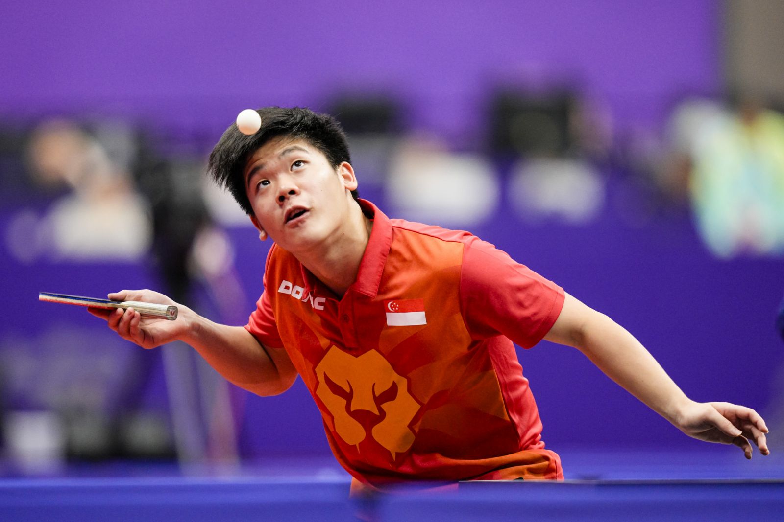 19th Asian Games - Table Tennis - Men's Single Round of 32 - Gongshu Canal Sports Park Gymnasium, Hangzhou. China - September 28, 2023 Singapore's Quek Yong, Izaac in action. SNOC/ KONG CHONG YEW
