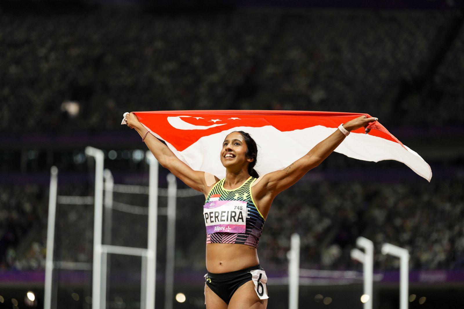 19th Asian Games - Athletics - Women 200M - Final - Hangzhou Olympic Sport Centre Stadium, Hangzhou, China - October 2, 2023 Singapore’s Pereira Veronica Shanti in action. SNOC / Kong Chong Yew