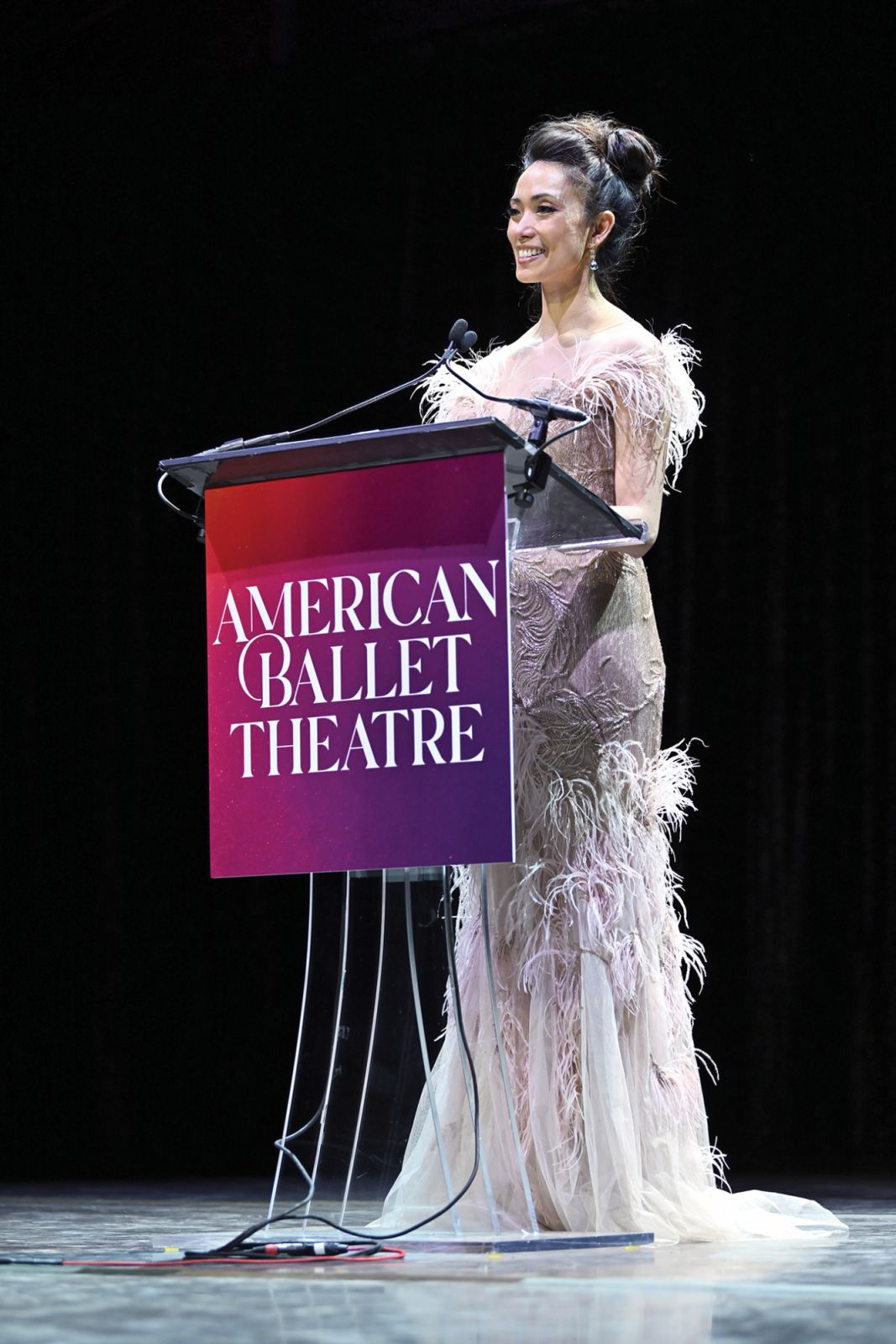 NEW YORK, NEW YORK - MAY 14: Stella Abrera speaks onstage during the American Ballet Theatre Spring Gala at Cipriani 42nd Street on May 14, 2024 in New York City. (Photo by Roy Rochlin/Getty Images for American Ballet Theatre)